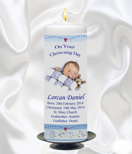 Boy Teddy & Quilt Candle – 9″ Pillar