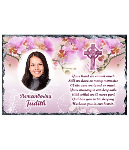 Pink Orchids & Cross & Photo Remembrance Slate