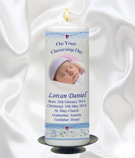 Boy Photo Teddy & Quilt Candle – 9″ Pillar