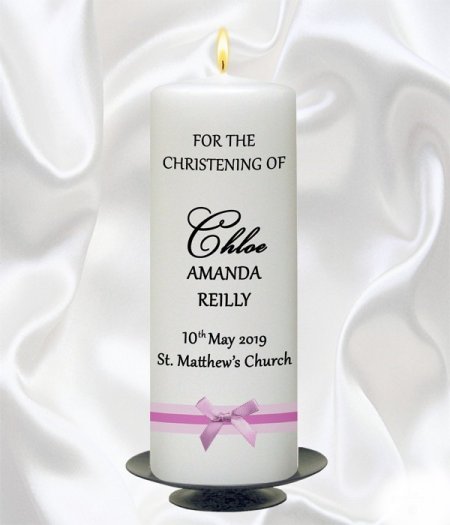 Bow Pink Christening Candle – 9″ Pillar