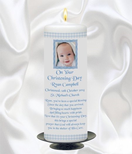 Blue Gingham Photo Candle – 9″ Pillar