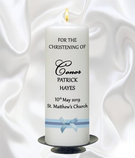 Bow Blue Christening Candle – 9″ Pillar