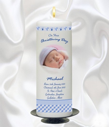 Blue Hush Teddy Photo Candle – 9″ Pillar