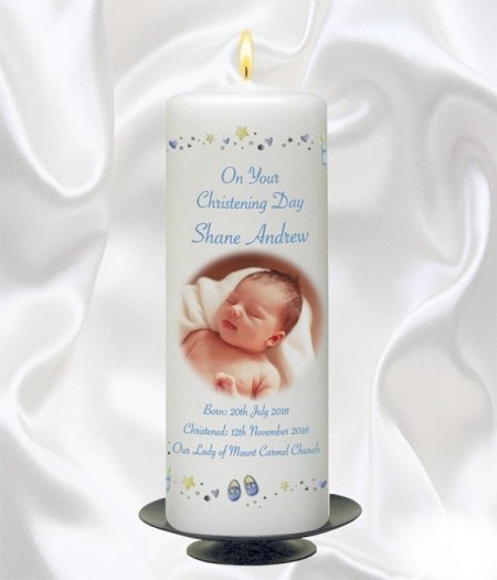 Blue Stars & Hearts Photo Candle – 9″ Pillar