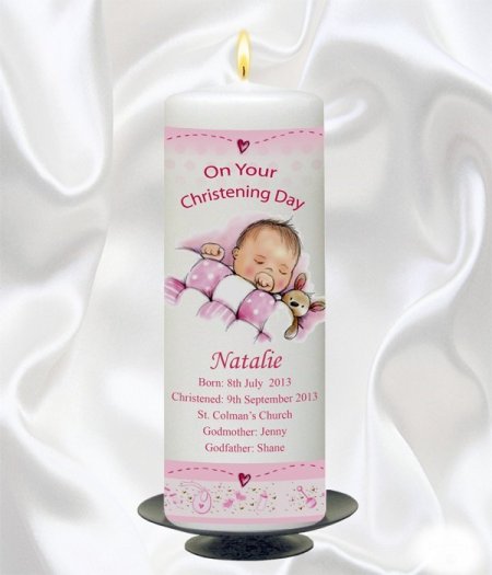 Girl Teddy & Quilt Candle – 9″ Pillar
