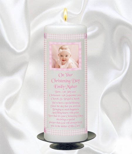 Pink Gingham Photo Candle – 9″ Pillar