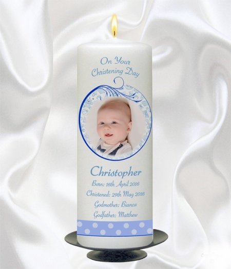Blue Teddy & Bubbles Photo Candle – 9″ Pillar